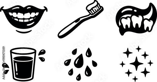 Black and white dental hygiene icons with toothbrush teeth and sparkling clean drops