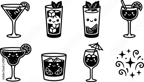 Black and white cute cocktail glasses with citrus and ice cubes vector line art