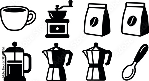 Black and white coffee cup grinder moka pot french press and spoon vector art