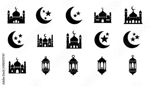 Minimal Ramadan Islamic icon set mosque crescent moon stars vector isolated on white background