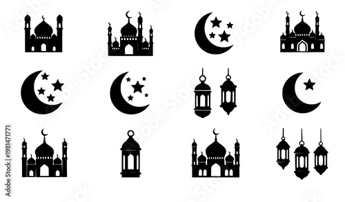 Islamic Ramadan icons collection mosque crescent moon stars decorative vector isolated on white