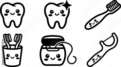 Cute black and white teeth dental care icons smiling faces vector art