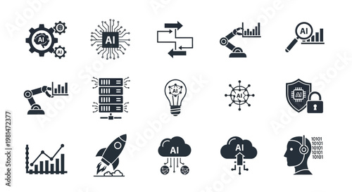 A collection of black and white vector icons representing artificial intelligence and technology concepts