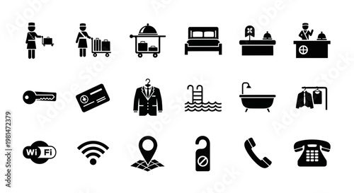 A set of black and white vector icons depicting various hotel and hospitality services