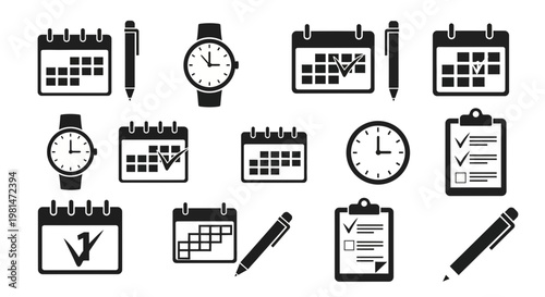 A set of black and white vector icons depicting calendars, clocks, and pens for organization and time management