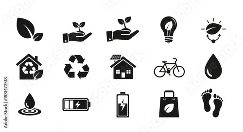 A set of eco-friendly icons representing sustainable living and environmental conservation