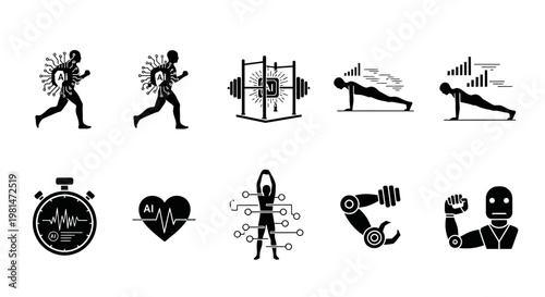 A set of black and white vector icons depicting various fitness and exercise concepts