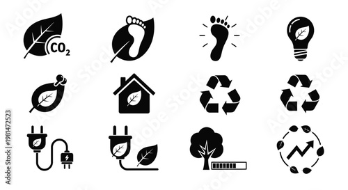 A set of eco-friendly icons representing sustainability and environmental conservation