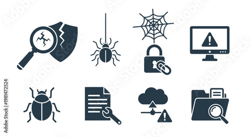 A set of cybersecurity icons in a flat, minimalist design style, featuring symbols of protection and threat detection.