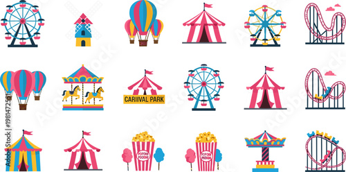 Set of Carnival and Amusement Park Illustrations Featuring Ferris Wheel, Circus Tent, Roller Coaster, Carousel, and Fun Fair Elements