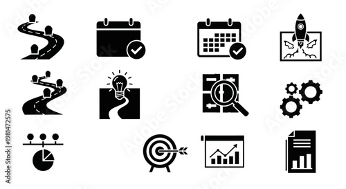 A set of black and white business icons for planning and strategy