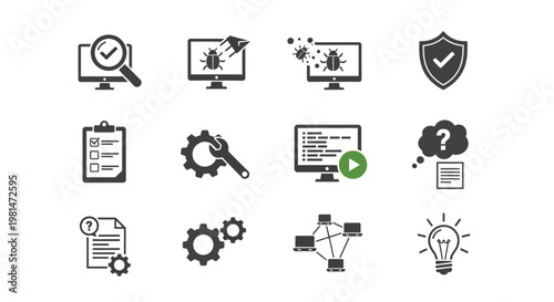 A set of black and white vector icons representing various concepts related to technology, security, and problem-solving.