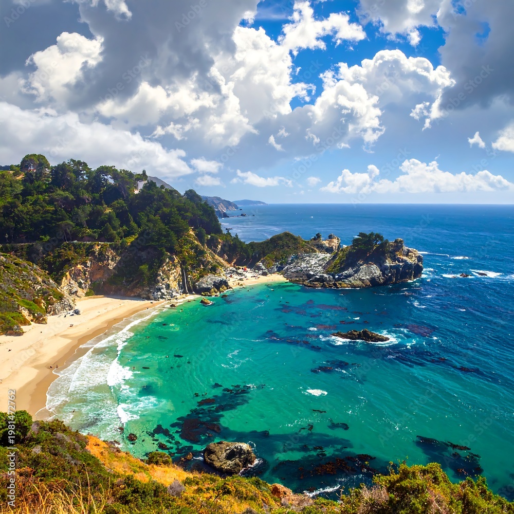 Fototapeta premium A serene beach cove with turquoise waters, surrounded by lush greenery and rugged cliffs under a cloudy sky