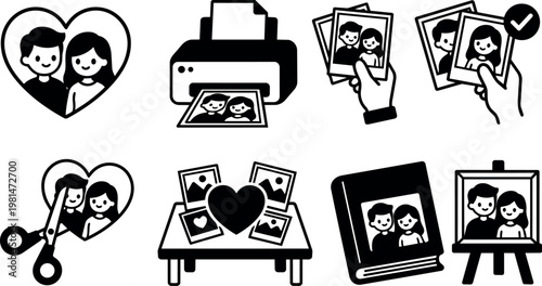 Black and white photo print collage heart couple icons set