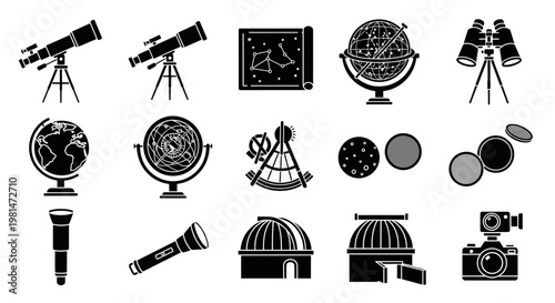 A collection of astronomy and space exploration icons in a flat, minimalist design style
