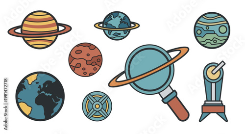 A colorful vector graphic illustration of planets and a magnifying glass in a flat design style