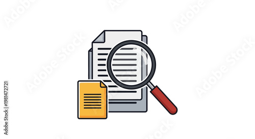 A vector graphic illustration of a magnifying glass over documents and a file folder