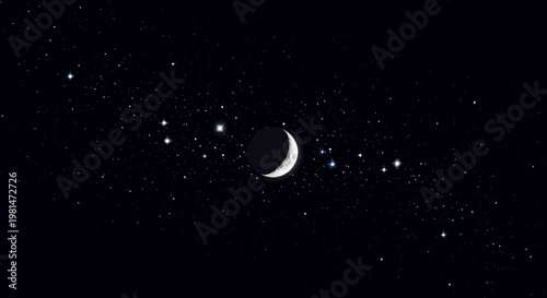 A crescent moon shines brightly in a starry night sky filled with celestial bodies