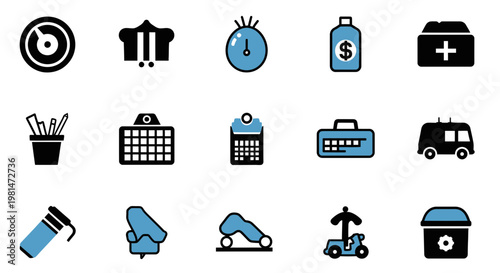 A set of modern flat icons representing various business and daily life concepts