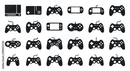 A collection of black and white gaming controller icons and consoles on a transparent background