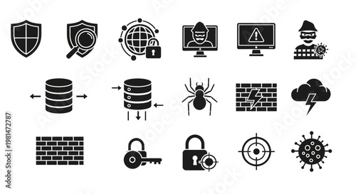 A collection of black and white vector icons representing cybersecurity and protection concepts