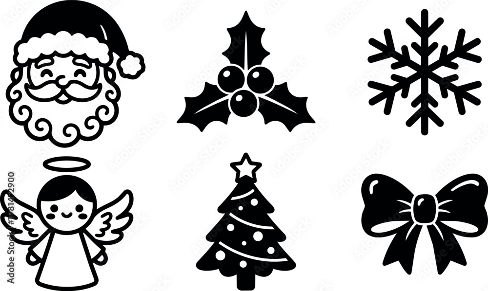 Fototapeta premium Christmas santa angel holly snowflake tree and bow icons