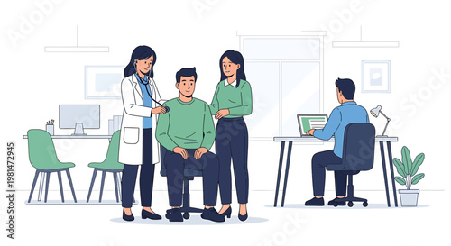 Doctor examining patient with family member present in modern clinic office
