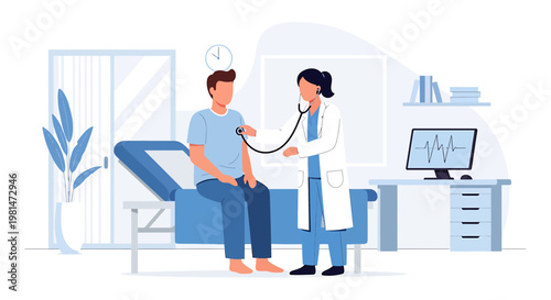 Doctor examining patient with stethoscope in clinic, medical checkup, healthcare concept