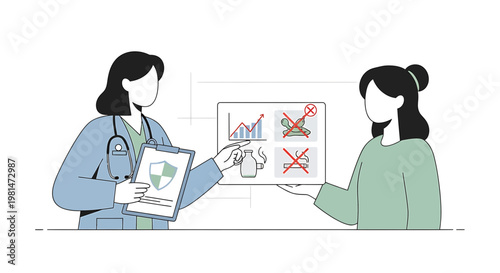 Doctor explains health chart with lifestyle advice to patient, showing progress and no-nos