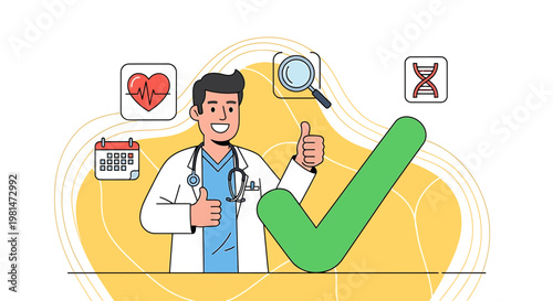 Doctor Giving Thumbs Up with Checkmark and Medical Icons - Healthcare Success