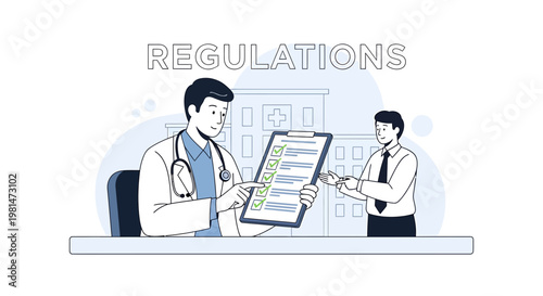 Doctor reviews medical regulations checklist with patient, hospital background