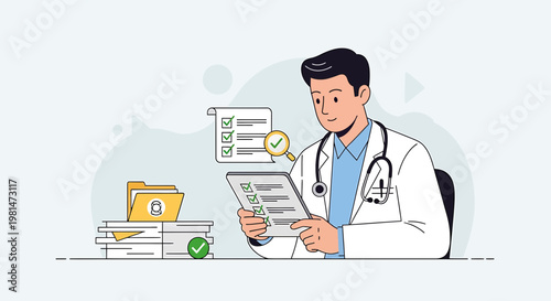 Doctor reviewing medical checklist on tablet, stack of patient files, healthcare concept