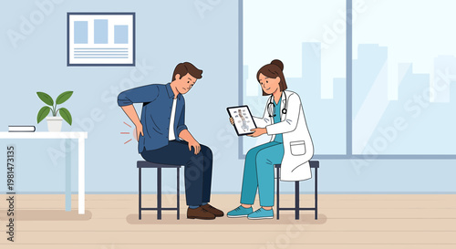 Doctor showing X-ray to patient with back pain in clinic