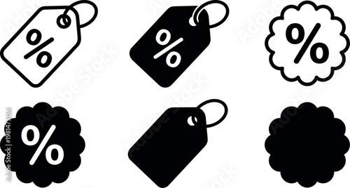 Black and white discount percentage price tags vector icons set