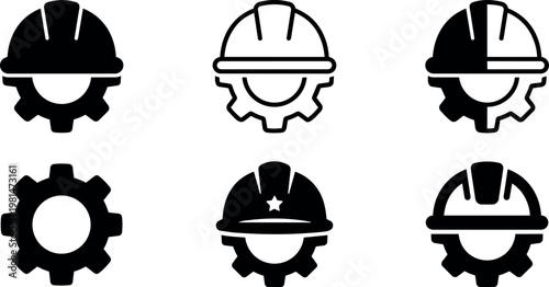 Black and white construction helmet gear icons set for industry and engineering