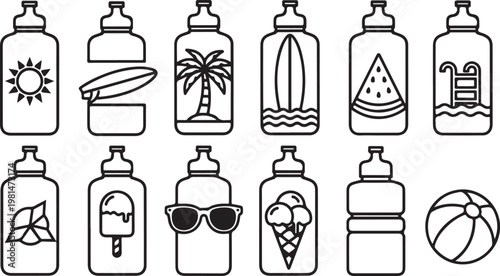 Line drawing of various bottles with different contents and labels Vector