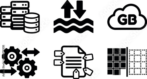 Black server data cloud gb upload download gears file tags grid vector art