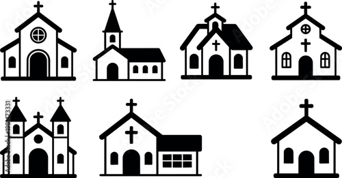 Black and white vector art set of seven different church buildings with crosses