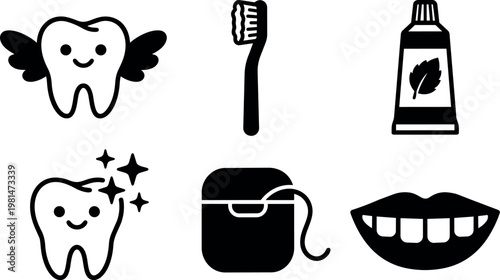 Black and white happy tooth with wings sparkling tooth toothbrush toothpaste floss and smiling mouth icons