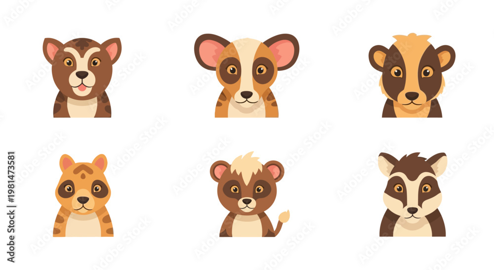 Fototapeta premium Cute Lemur Faces Collection: Vector Icons of Adorable Madagascar Animals