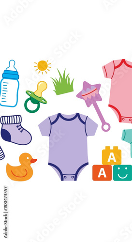 Cute Baby Clothes and Toys Collection: Bodysuits, Rattle, Duck, Blocks, Pacifier, Bottle