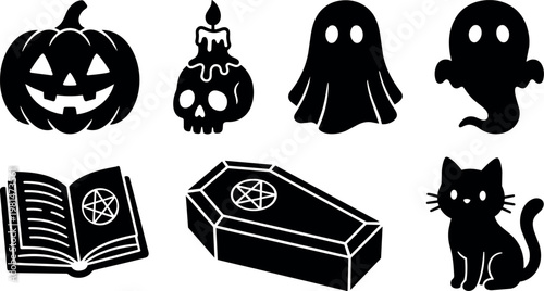 Black halloween icons pumpkin skull candle ghost cat coffin and spellbook vector art