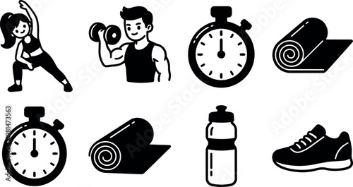 Black and white fitness icons with stopwatch water bottle and exercise poses