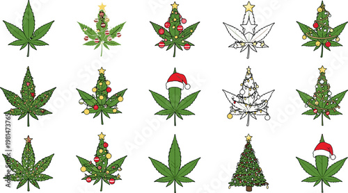 Set of Cannabis Leaf Christmas Tree Illustrations Featuring Festive Marijuana Designs with Lights Decorations and Holiday Theme Collection