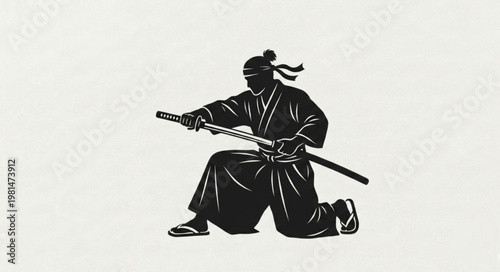 Samurai silhouette kneeling with katana in traditional Japanese warrior pose