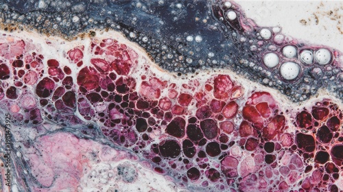 Vivid abstract fluid acrylic pour reveals cellular or organic shapes with rich burgundy and dark tones