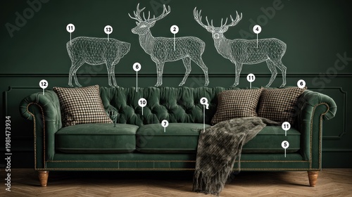Three wireframe stag illustrations hang above a luxurious emerald green tufted sofa adorned with patterned pillows and a throw blanket