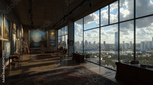 Spacious penthouse art  overlooks a bright metropolitan skyline through expansive windows