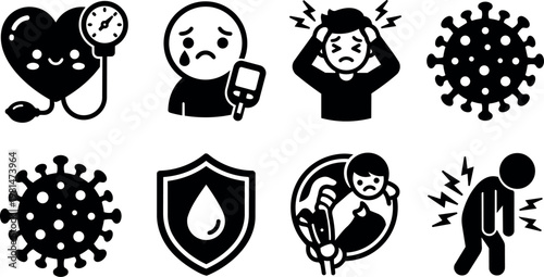 Black and white icons of blood pressure diabetes headache virus immunity and pain