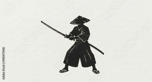 Japanese Samurai Fighter with Katana Sword Minimalist Silhouette Illustration